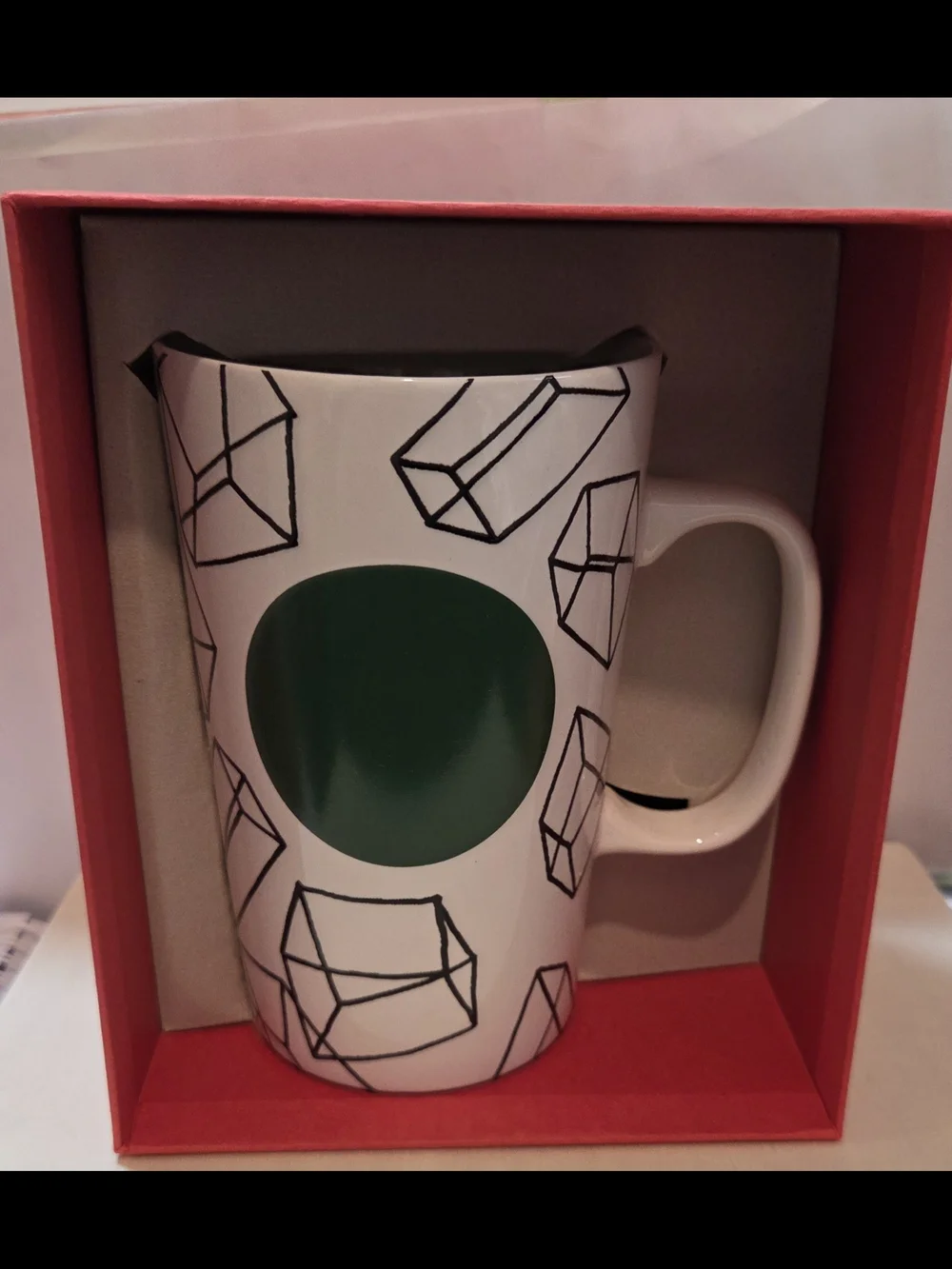 Starbucks Collectors NWT White Ceramic Mug with Green Dot and Geometric Sketches